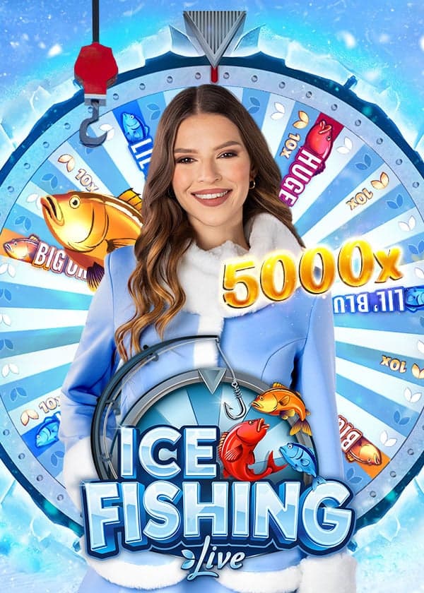 Ice Fishing Live poster by Evolution showing the 5000x max win and the game show wheel
