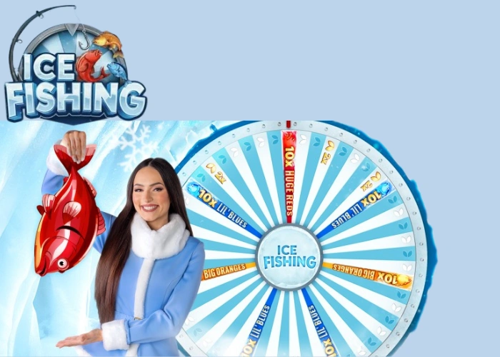 Ice Fishing presenter holding a red fish beside the game wheel